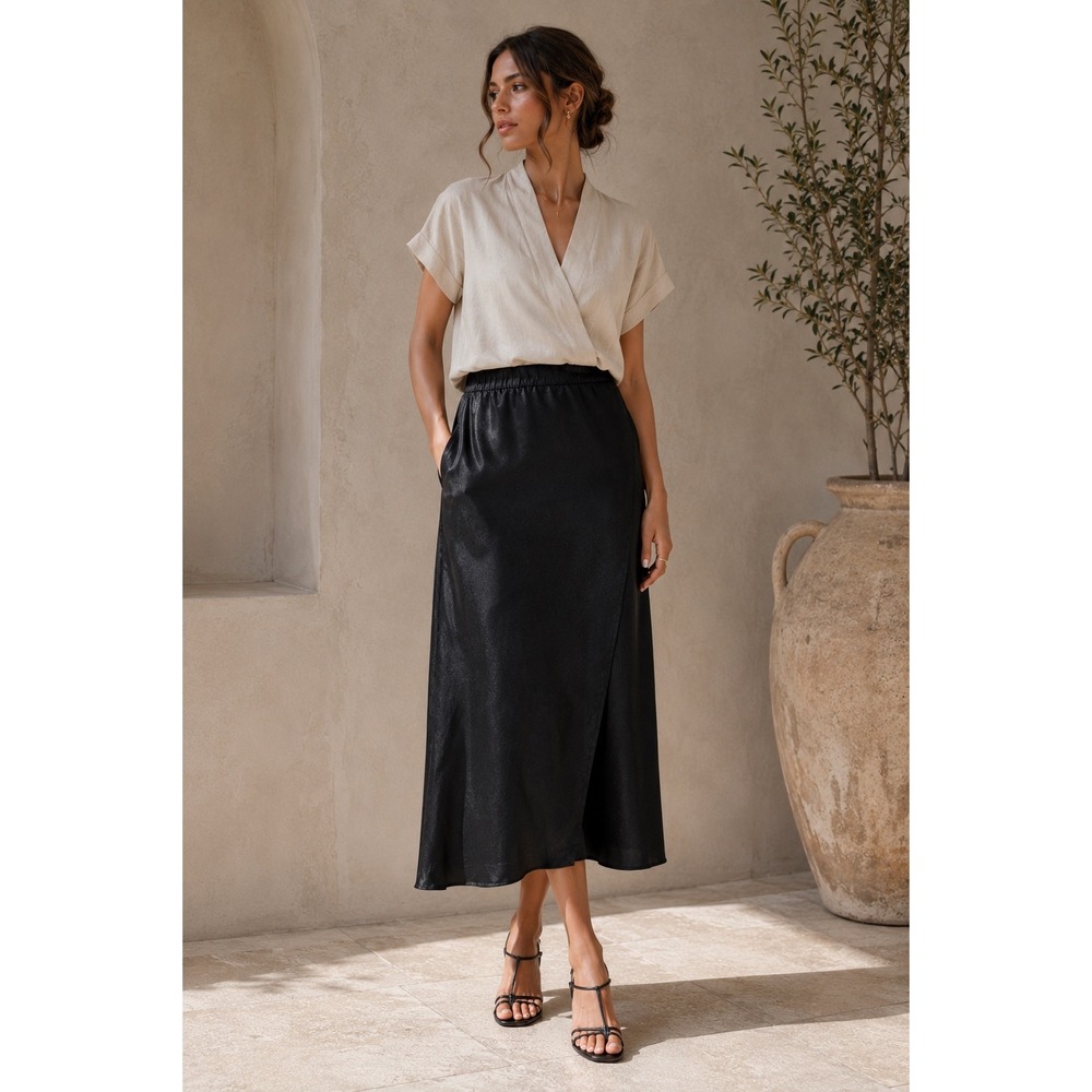 Reifhaus Satin Midi Skirt S Black Wrap Front Pockets Made in USA Minimalist